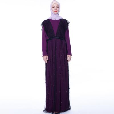 China Fashion Muslim Women's Long Dress Solid Color Muslim Women's Long Dress Dubai Dress Arabic Dress Daily Casual Muslim Dress Stitching Beaded Lace Suspender Skirt for sale