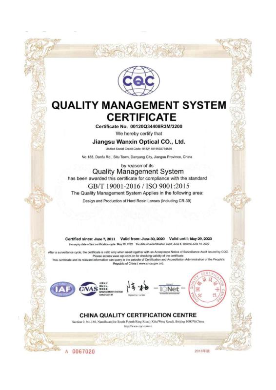 ISO9001 - Jiangsu Wanxin Optical Co., Ltd.