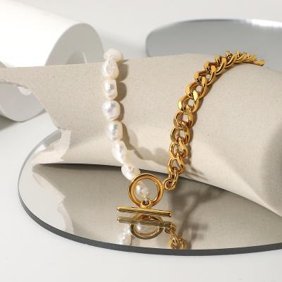 China Hiphop Fashion OT Buckle Cuban Chain Pearl Necklace Irregular Freshwater Half Chain And One-Pearl Spliced ​​Necklace For Women Men for sale