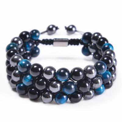 China 2022 CLASSIC Fashion Three Layer Tiger Eye Beads Bracelet Adjustable Natural Stone Beaded Multilayer Bracelet Hematite Bracelet for sale