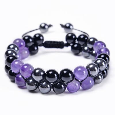 China 2022 6/8MM Amethyst Triple Fashionable Double-Layer Natural Bracelet Unisex Natural Stone Protection Hematite Beads Bracelet for sale