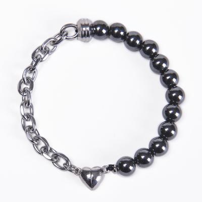 China New Magnet Vintage Stainless Steel Bead Chain Bracelet Men Women Beaded Bracelet Black Chain Elegant Heart Shaped Natural Stone Hematite for sale