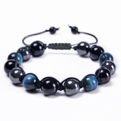 China New Tiger Eye Black Agate Hematite Beads Triple Protection Bracelet Natural Stone Beaded Bracelet 10MM Natural Blue TRENDY Bracelet for sale