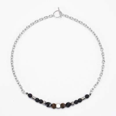 China 2022 TRENDY New Matte Tiger Eye Necklace Natural Stone Black Stylish Beaded Stainless Steel Necklace OT Buckle For Men And Women for sale