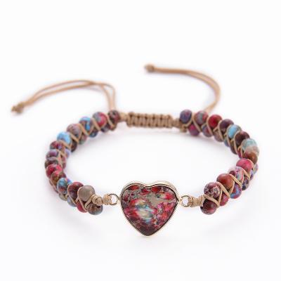 China New Romantic Natural Bohemian 4MM Emperor Stone Bracelet With Two Chakra Heart-Shaped Pendant Adjustable Layers Beads Bracelet Jewelry for sale