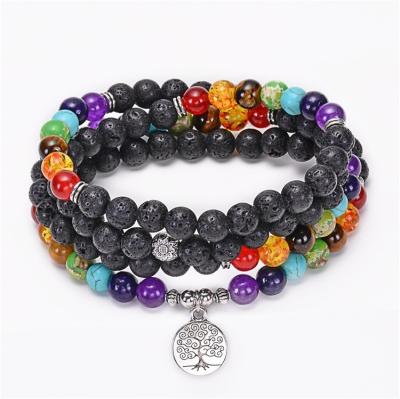 China 108 European and American Rock Mala Bracelet Natural Stone Lava Bracelet Men's Religious Beaded Bracelet Yoga Tree of Life Life Bracelet for sale