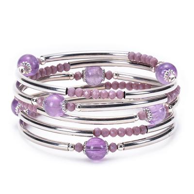 China Hot-selling Natural Vintage 8mm Amethyst Copper Tube Wrap Wrapped Bracelet Crystal Winding Bangles Multilayer In Spring And Summer for sale