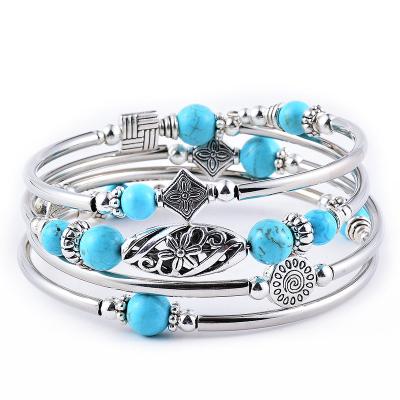 China Hot-selling Bohemian Friendly Material Natural Turquoise Style Wrap Bracelet Multi-circle Layered Natural Stone Beaded Bracelet For Women Gift for sale