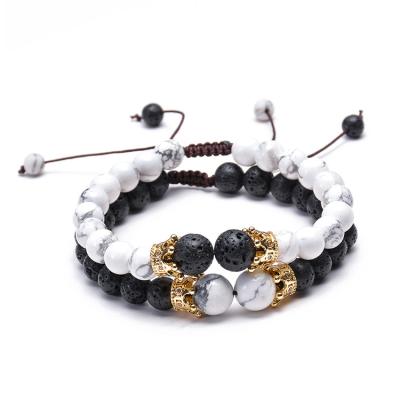 China TRENDY 8+12MM Bead Couple Bracelet Set Natural White Howlite Lava Rock Stone Beaded Copper Crown Bracelet Essential Oil Diffuser for sale