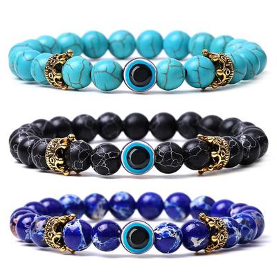 China CLASSIC European and American natural turquoise crown bracelet with natural devil's eye stone beaded lovers bracelet men and women for sale