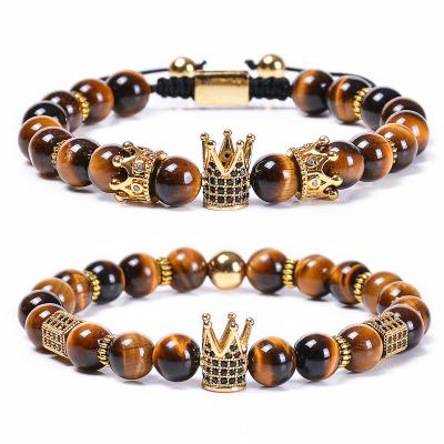 China Romantic Couples Distance 8MM Tiger Eye Crown Bracelet Natural Stone Beads Copper Zircon Crown Bracelet Men Women Micro-Inlaid Set Jewelry for sale