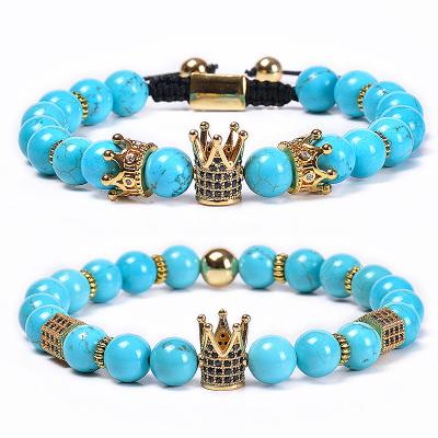 China FASHIONABLE Europe and America Turquoise Crown Bracelet Copper Micro-inlaid Natural Zircon Stone Bracelet 8MM Weaving Unisex Adjustable for sale