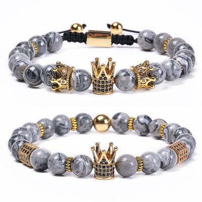 China Romantic 8MM King and Queen Map Stone Crown Bracelet Natural Stone Beaded Copper Micro-inlaid Zircon Crown Couple Bracelet Bangle Set for sale