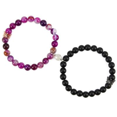 China Romantic Super Purple-striped Agate Magnet Couples Natural Matching Crown Lovers Bracelets Bangle Gold/Black Stone Bracelet Jewelry for sale