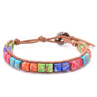 China FASHIONABLE Natural Stone Energy Beaded Bead Yoga Healing Bracelet Bangle Bracelet Bohemian 7 Chakra Square Beads Leather Bracelet for sale