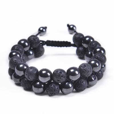 China New Arrival CLASSIC Double-Layer 10MM Lava Stone Hematite Beaded Bracelet For Energy Oil Diffuser Adjustable Natural Gemstone Bracelet for sale