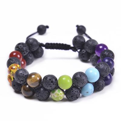 China CLASSIC Elegant Colorful 10MM Natural Stone Beads Lava White Howlite Beaded Adjustable Bracelet 7 Chakra Double-row Bracelet for sale