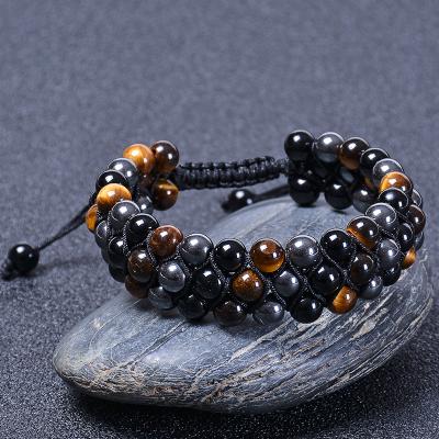 China CLASSIC Three Layers Tiger Eye Agate Hematite Beads Adjustable Natural Stone Bracelet Protection Energy Healing Beaded Bracelet for sale