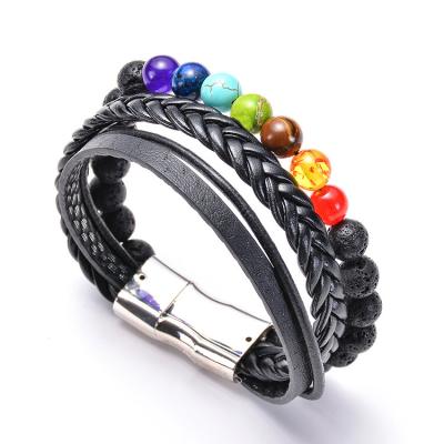 China Punk Multilayer Natural Lava Rock Stone 7 Chakra Beads Essential Oil Diffuser Leather Rope Clasp Magnetic Bracelet For Men for sale