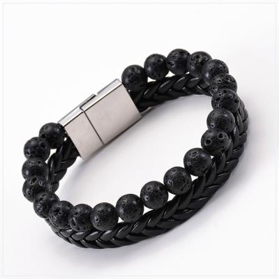 China TRENDY Braided Buckle Magnetic Leather With Gemstone Beads Lava Rock Essential Oil Diffuser Bracelet Unisex Double Layers Bracelet for sale