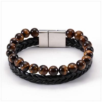 China 8MM Tiger Eye Stone Stainless Steel FASHIONABLE Double Clasp Natural Magnetic Bangle Genuine Leather Buckle Bracelet For Men for sale