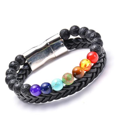 China 8MM Chakra Beads Vintage European and American Natural Double Row Magnet Buckle Genuine Leather Bracelet for Men's Yoga Bracelet for sale