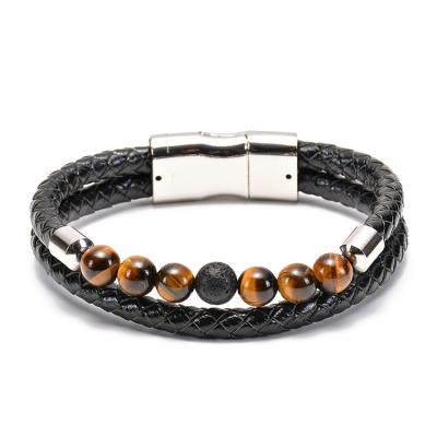 China Tiger Eye Stone Lava Rock Punk Multilayer Natural Stone Beads Rope Magnet Buckle Bracelet Essential Oil Bracelet Men Women Leather for sale