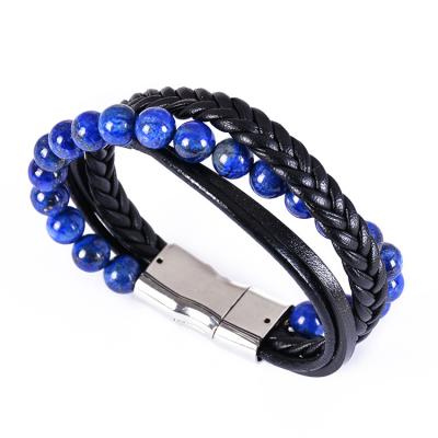 China New Lapis Lazuli Multilayer Natural Stone Leather Bracelet Punk Stylish Leather Rope Magnet Buckle Beaded Bracelet For Women Men for sale