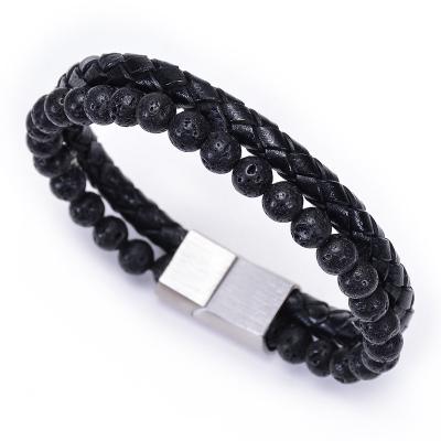 China New Vintage Double-Row Vintage Lava Leather Rope Magnet Buckle Beaded Bracelet Essential Oil Diffuser Bracelet Natural Stone Beaded Bracelet for sale