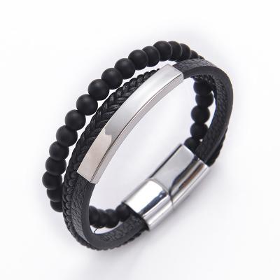 China New FASHIONABLE Lava Rock Black Matte Beads Stainless Steel Buckle Multilayer Natural Leather Magnetic Bracelet For Men Handmade for sale