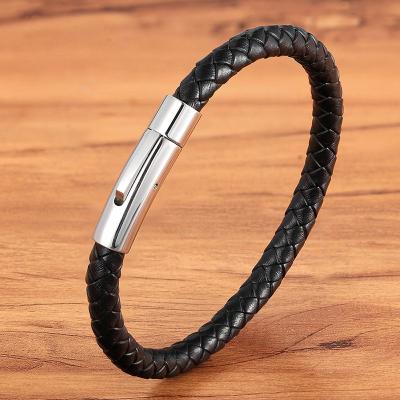 China FASHIONABLE European and American titanium steel braided leather strap for men stainless steel magnet buckle bracelet leather bracelet for sale