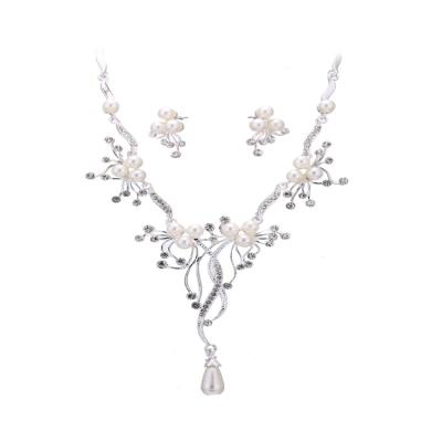 China Cheap New Fashion Design Flower Branch Shape Pearl Zircon Necklace Dangle Earrings Wedding Jewelry Set for sale