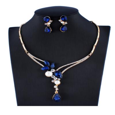 China Cheap Wedding Jewelry Dress Accessories Gifts Blue Crystal Pearl Necklaces Earrings Bridal Jewelry Set for sale