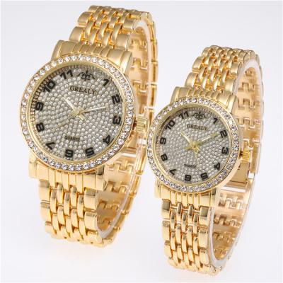 China Custom Dial Diamond Watch For Couple OEM Logo Gold Watch Luxury Full Small Three Needle Gift Private Label Watches for sale