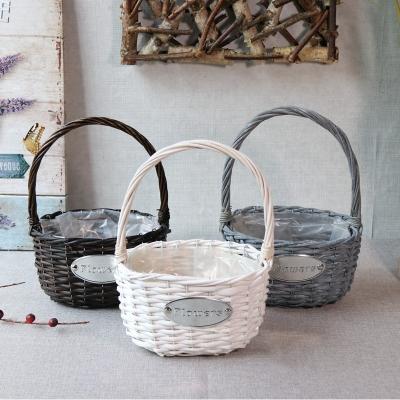 China Luxucy Wholesale Fancy Long Handle Wicker Basket White Gray Baskets For Garden Flowers for sale