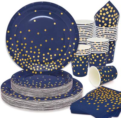 China Deep Blue Paper Custom Printed Disposable Paper Plates Tableware Sets For Wedding Party Baby Shower Decoration for sale