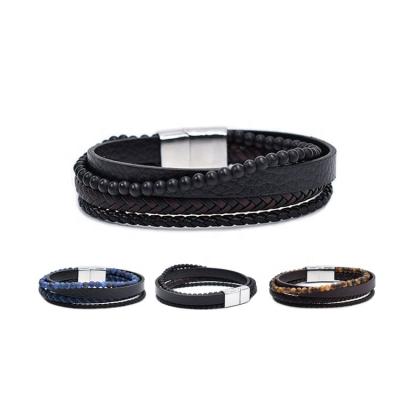 China FASHIONABLE high quality custom bead layer leather bracelets multi pulseras men for sale