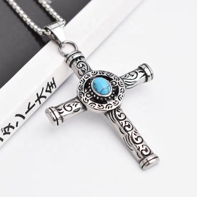 China Trendy Turquoise Stainless Steel Stainless Steel Cross Pendant Necklace For Men Jewelry for sale