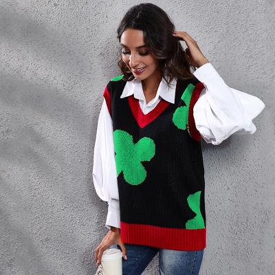 China Preppy Lady Sweater Clothing Wholesale Anti-Wrinkle Four Clover Pattern Women Sweater Vest V-Neck Sleeveless Pullovers Style for sale