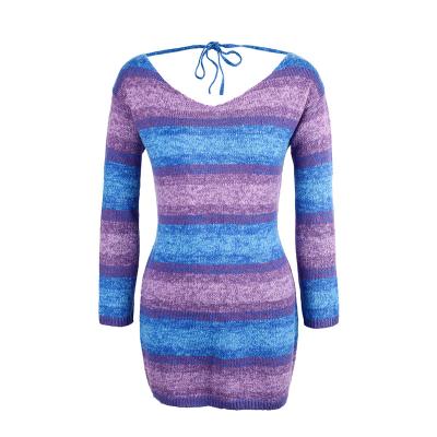 China High Quality Anti-wrinkle Ladies Fashion Long Sleeve Sweater Dress Contrast Color Stripe Bodycon Dress Sexy Backless Women for sale