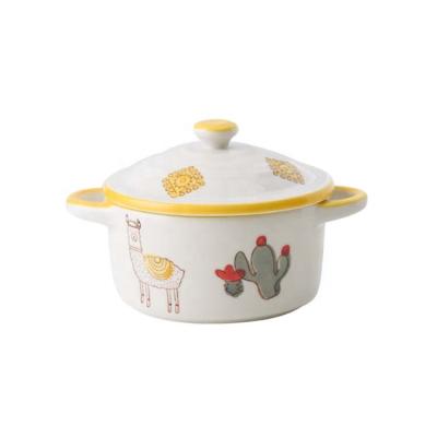 China Sustainable Bakeware Ceramic Bowl With Cover With Double Ears With Cactus And Alpaca Desert Style Pattern Hotel Restaurant Home Use for sale