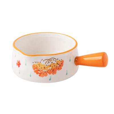 China Sustainable leaf pattern ceramic maple bowl with simple strong handle and hand-painting breakfast fruit salad yougurt use for sale