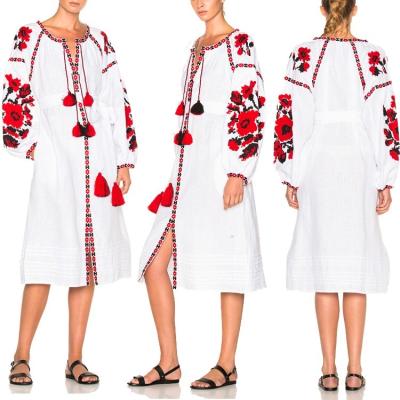 China Breathable Floral Mexican Embroidered Dresses For Women Elegant Midi Dress HSd7535 for sale