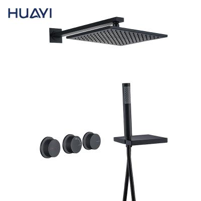 China Huayi Matte Black Rainfall Shower Faucet System Without Slide Bar Concealed Shower Mixer Faucet Set for sale