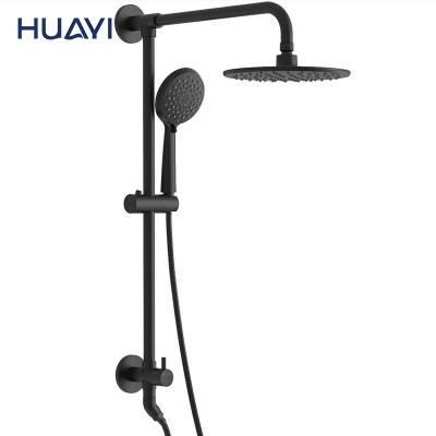 China With Sliding Bar Huayi Exposed Wall Mounted Rain Shower Set Black Shower Mixer Tap For Bathroom for sale