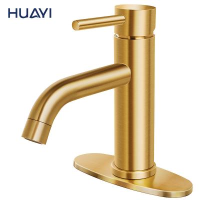 China Huayi Faucets SUS 304 Stainless Steel Gold Faucets Bathroom Basin Metered Brushed Mixer Tap for sale