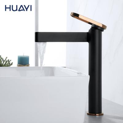 China Huayi Manufacturer High Faucets Manufacturer Rose Gold Single Handle Black Bathroom Faucet Basin Mixer Metered for sale