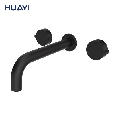 China Wall Mounted Metered 3 Hole Faucets Huayi Brass Double Handle Bathroom Taps Black Faucet Basin Mixer for sale