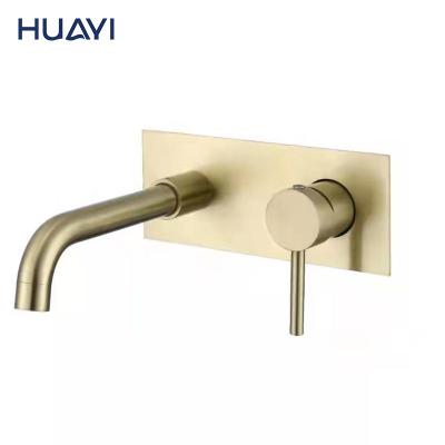 China Gold Bathroom Basin Mixer Taps Single Lever Metered Wall Mounted Faucets Huayi Brushed Brass Basin Faucet for sale