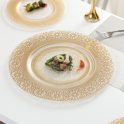 China European Design Stocked Glass Charger Plates Reusable Charger Dishes With Braided Silver And Gold Rim for sale